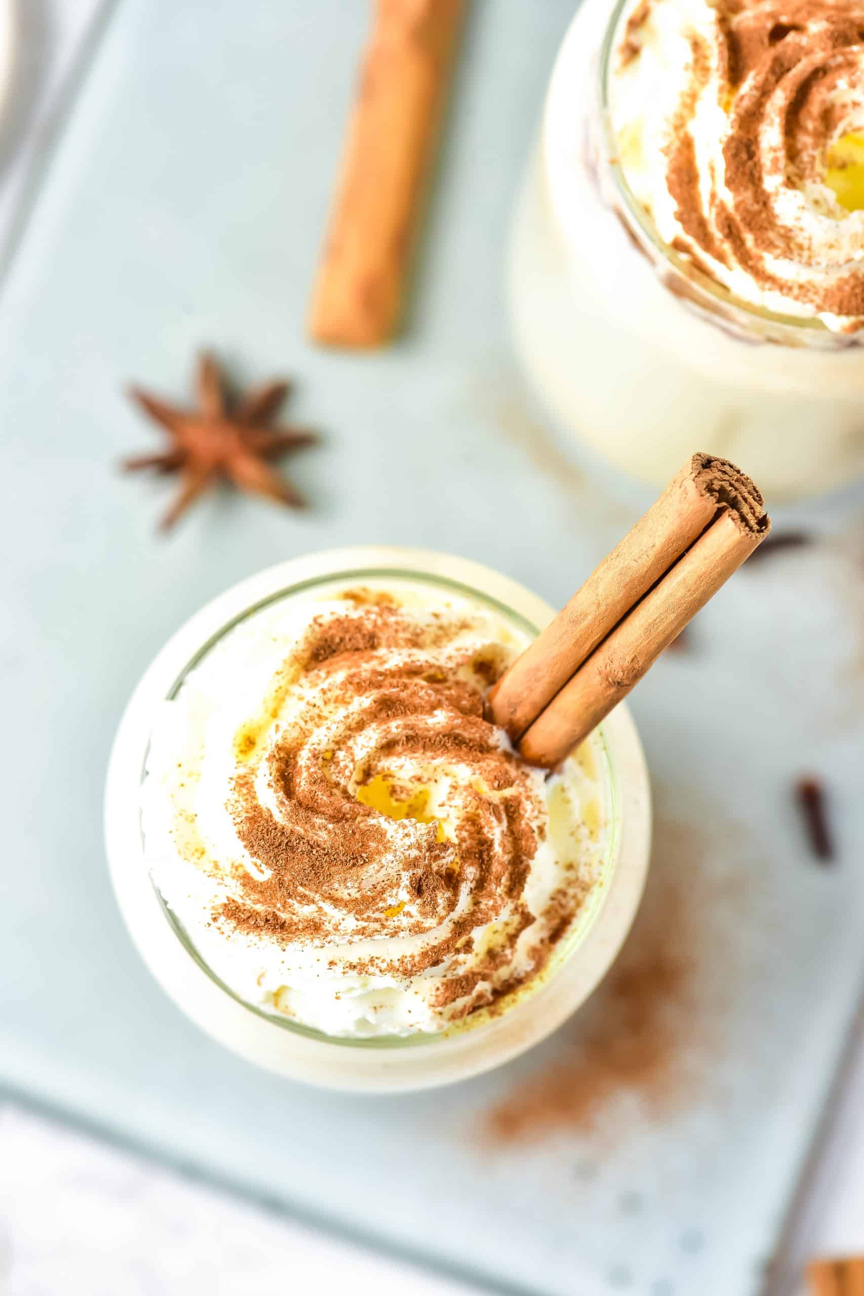 Overhead shot of eggnog protein shake 