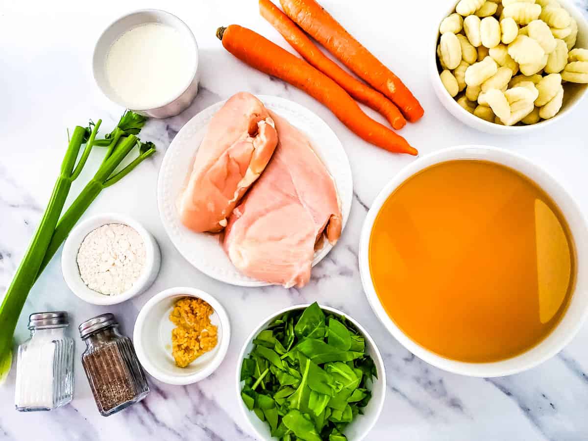 Ingredients for creamy chicken gnocchi soup on white backdrop. Chicken in center surrounded by broth, carrots, celery and seasonings.