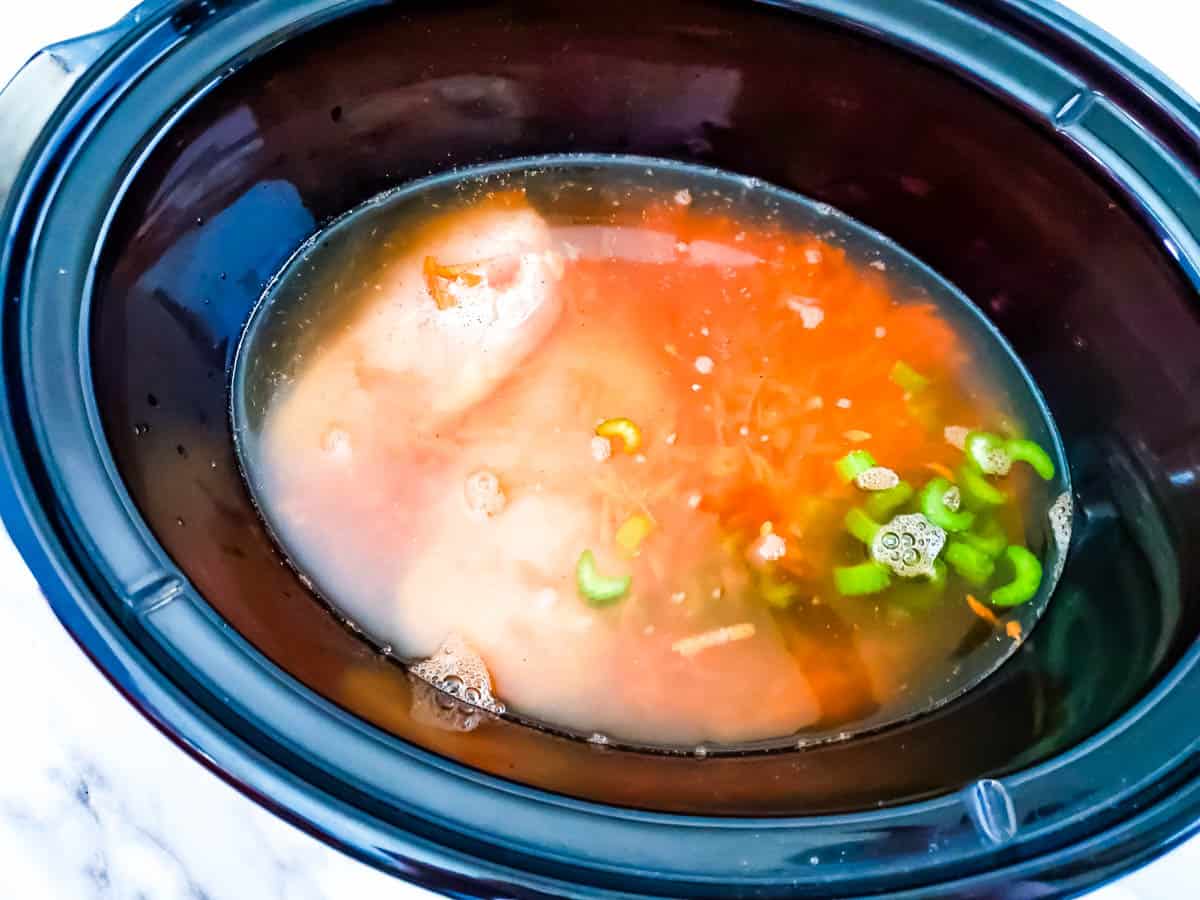 Chicken, carrots, celery, seasonings and broth in slow cooker.