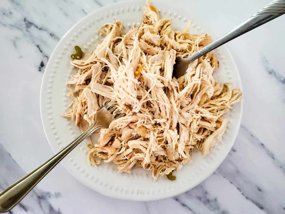 Shredded chicken in white bowl with two forks in chicken.
