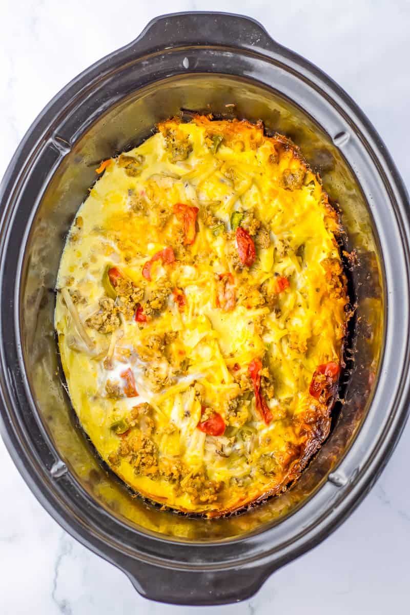 Cooked casserole in the crockpot.
