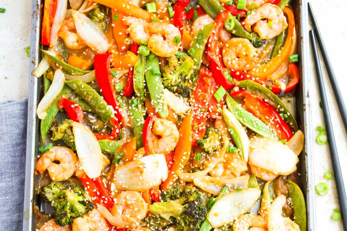 Close up of sheet pan shrimp stir fry