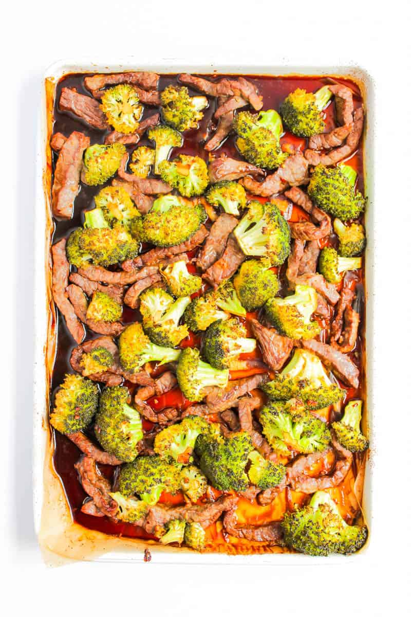 Beef and broccoli on the sheet pan with marinade.