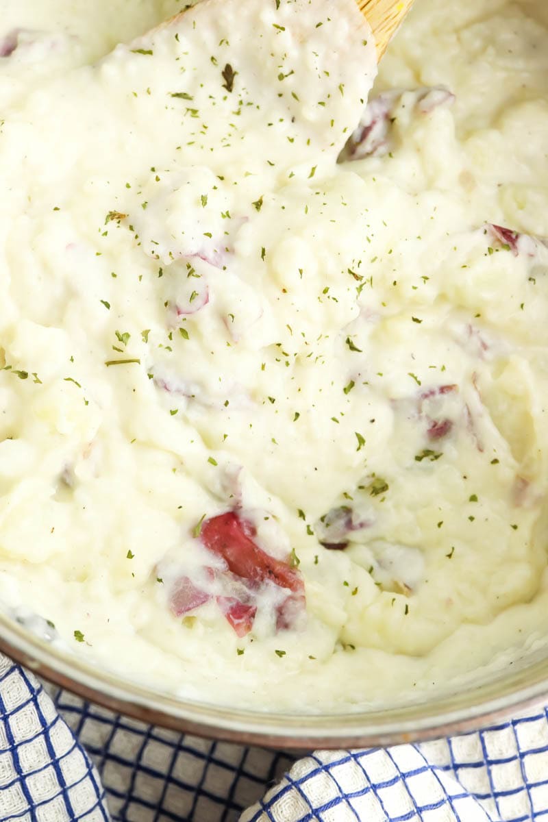 Close up of red skin mashed potatoes in pot.