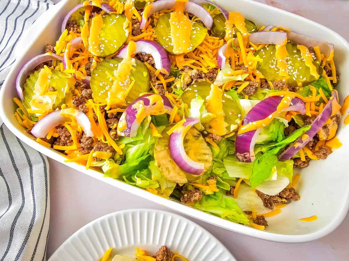 Casserole dish with Big Mac Salad