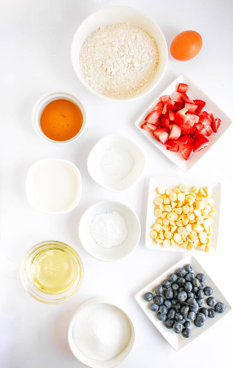 Ingredients on white background for 4th of July muffins