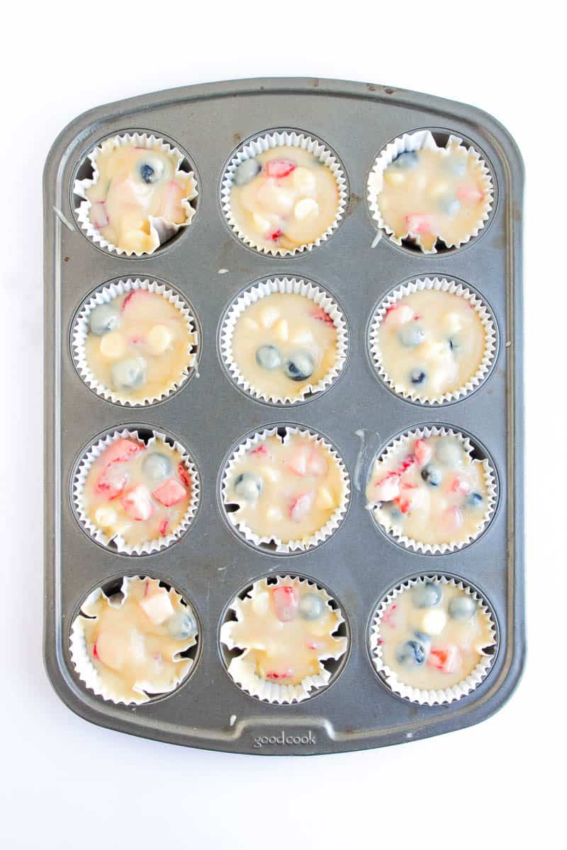 Muffin cups filled with muffin filling in pan
