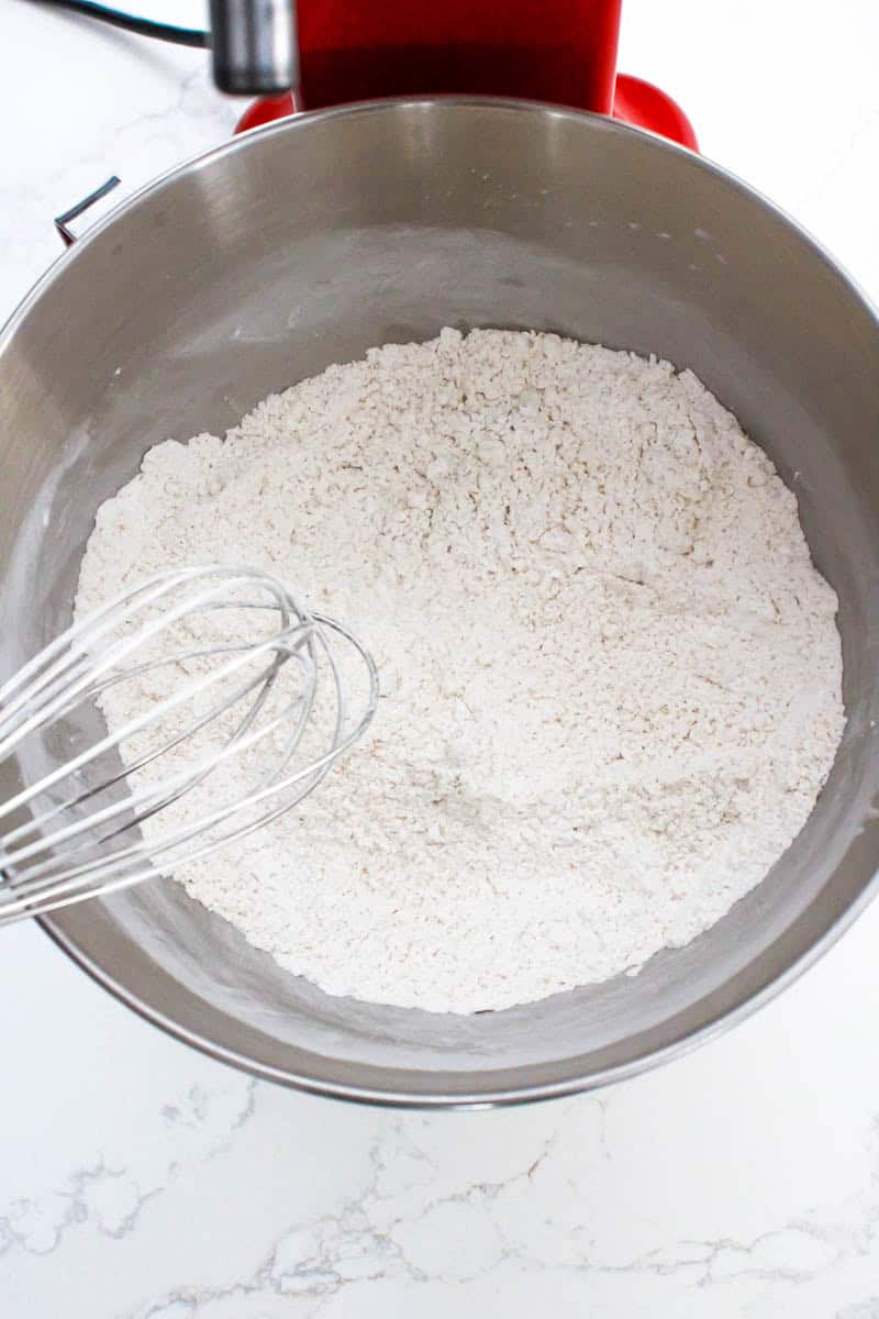 Mixing bowl with flour, tapioca, yeast, sugar and salt