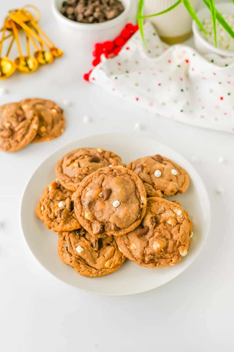 Plate of gluten free hot cocoa cookies on white plate.