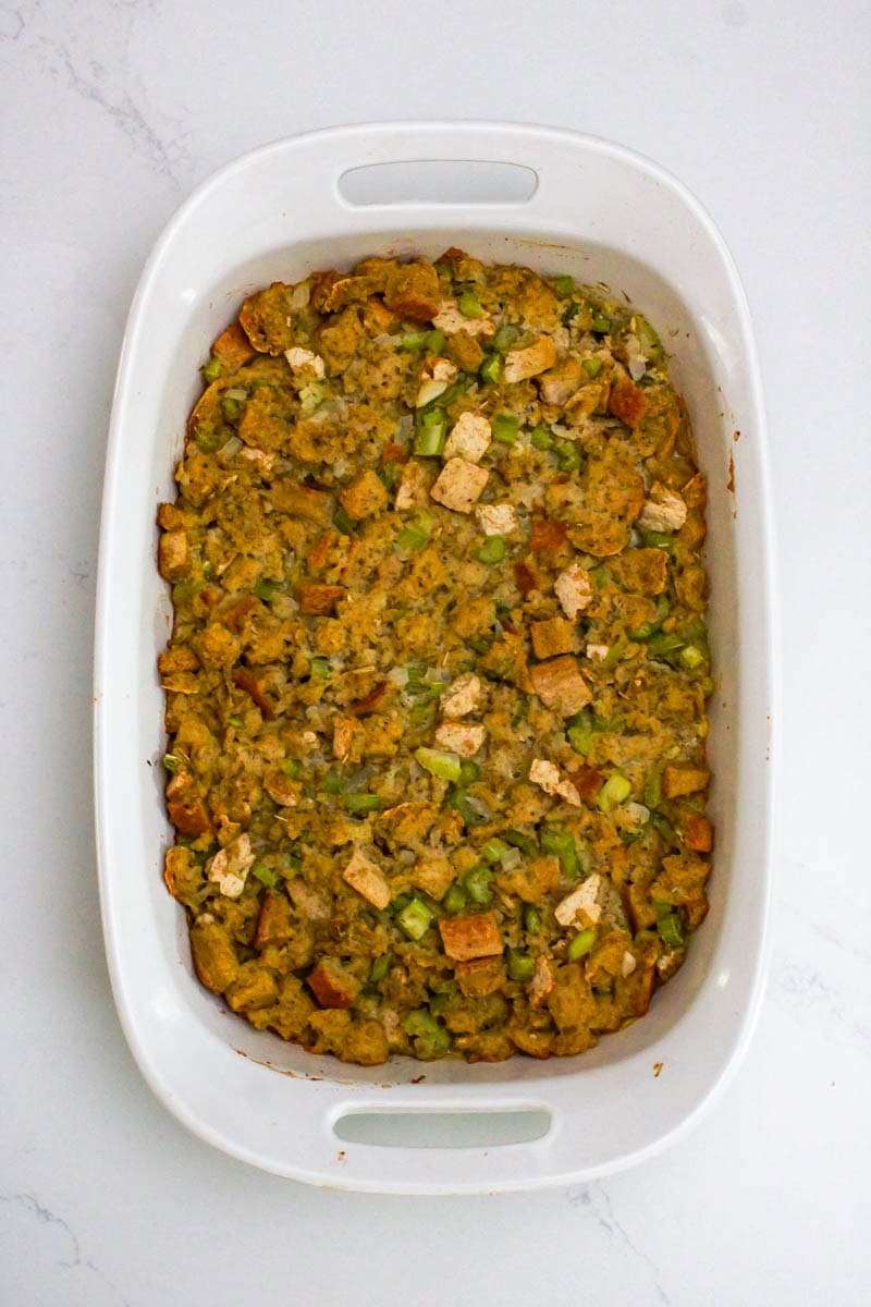 Baked stuffing in a casserole dish