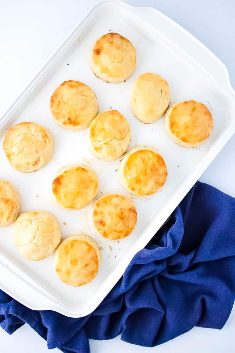 A sheet pan of gluten free buttermilk biscuits with a blue towel next to the pan.