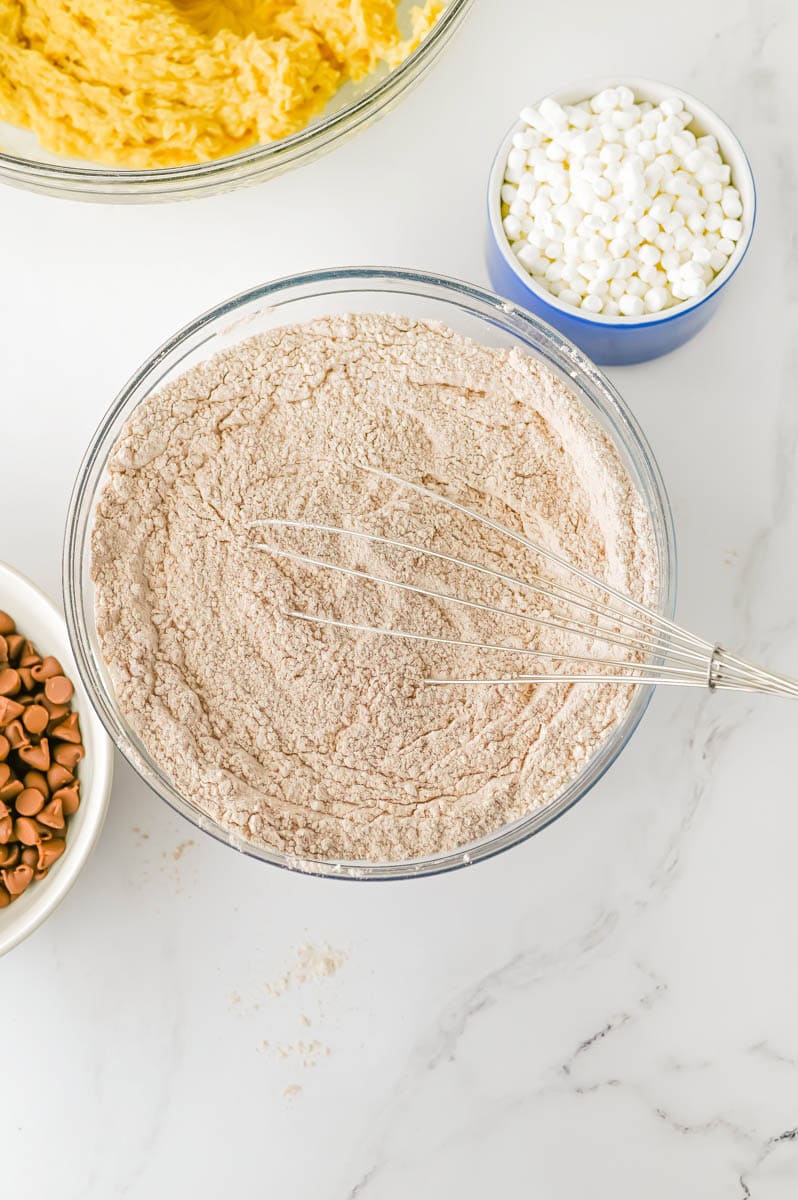 Dry ingredients for the hot cocoa cookies in a bowl.