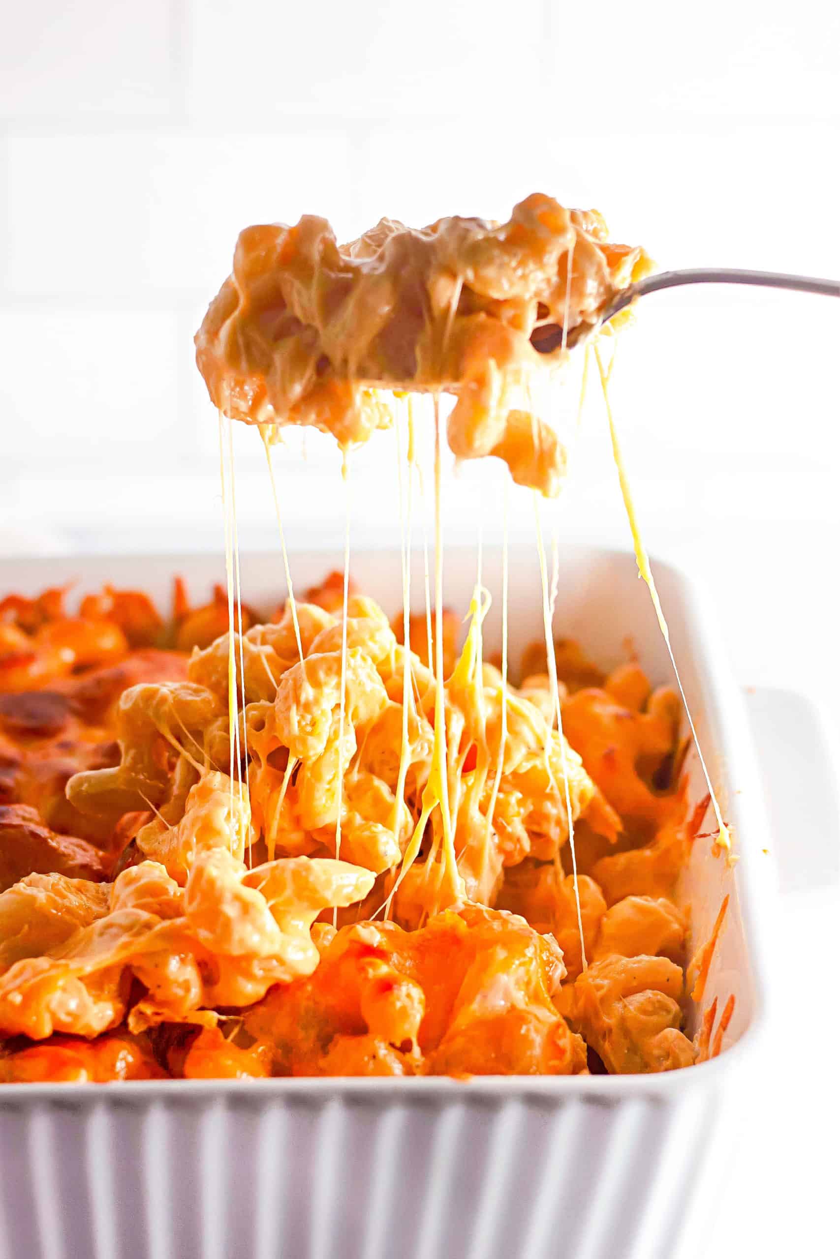 Gluten free mac and cheese being lifted from white casserole pan onto a spoon.