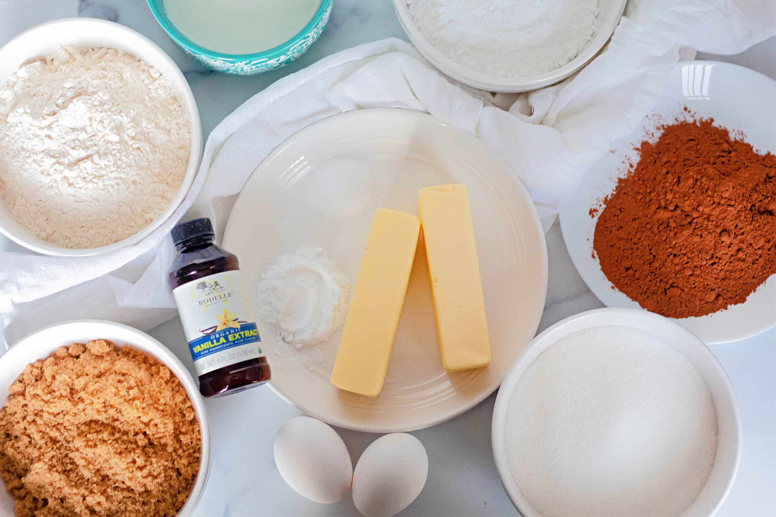 Ingredients for gluten free chocolate cake with chocolate buttercream frosting