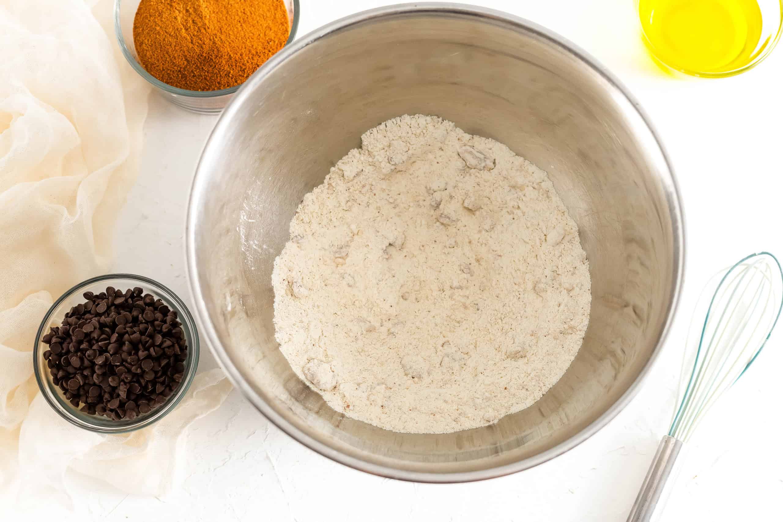 Dry ingredients for the soft baked gluten free chocolate chip cookies  in a bowl