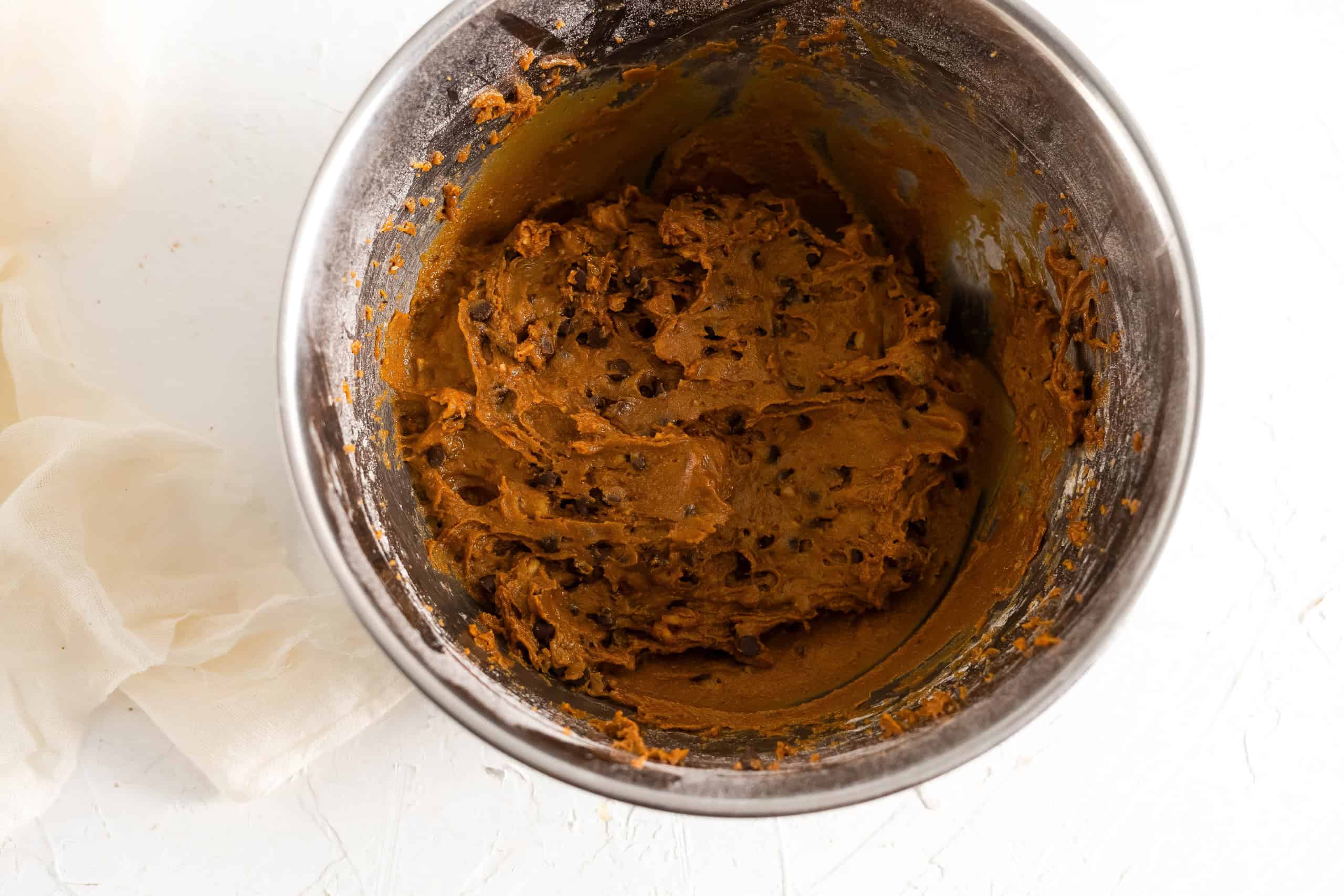 Dry and wet ingredients combined along with the chocolate chips.