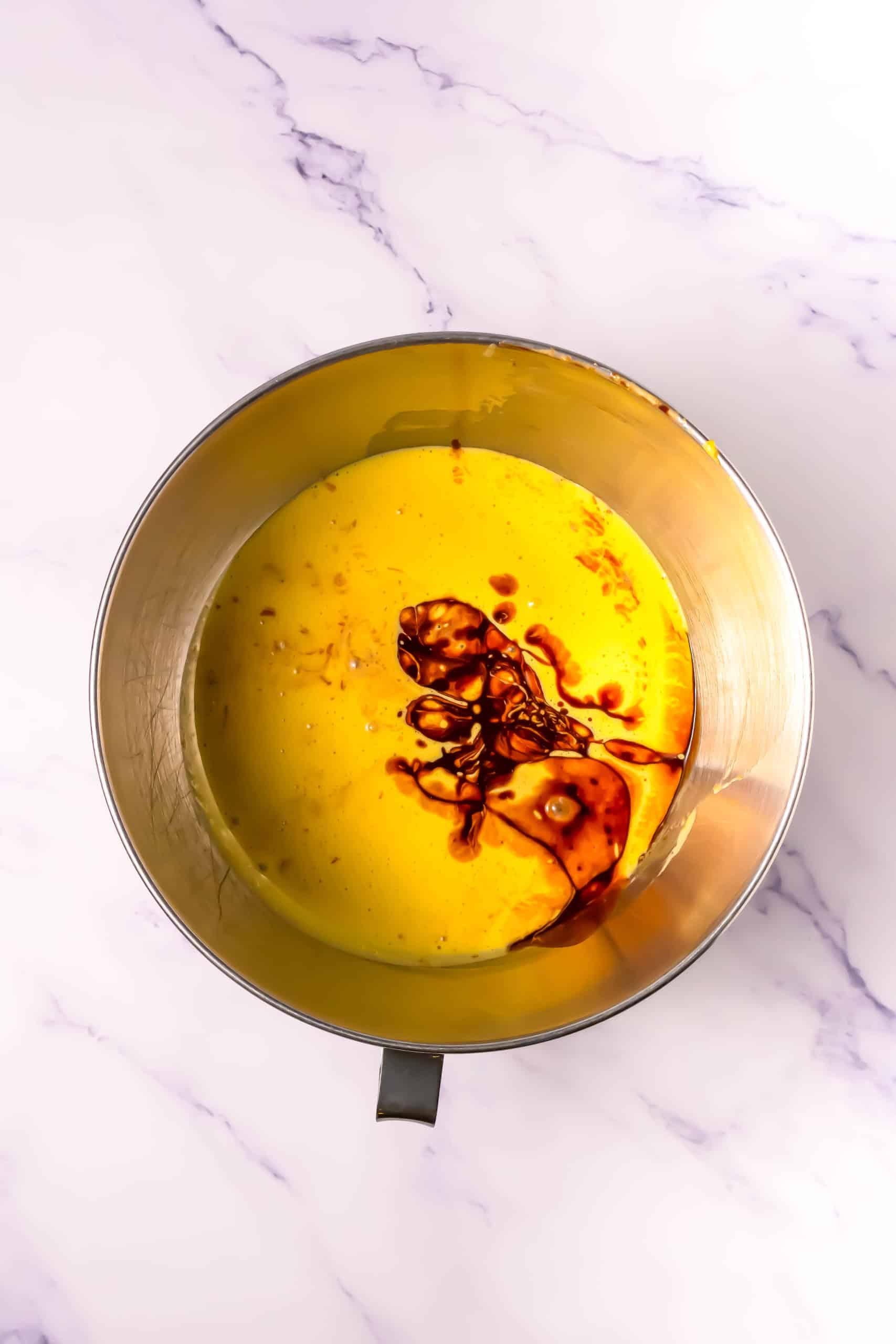 Melted chocolate mixture with the egg yolks.