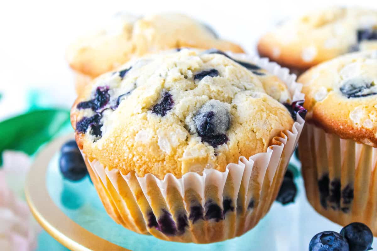 A close up shot of a gluten free blueberry muffin