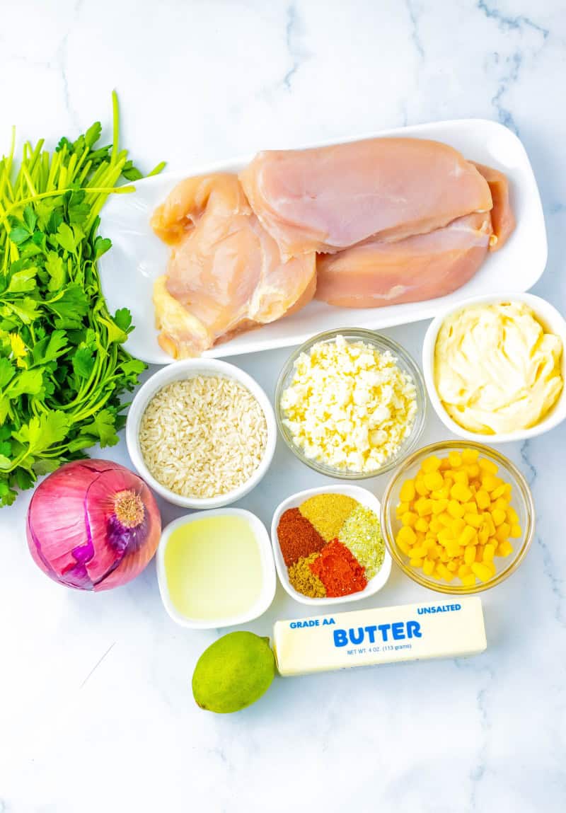 Ingredients for street corn chicken and rice bowls