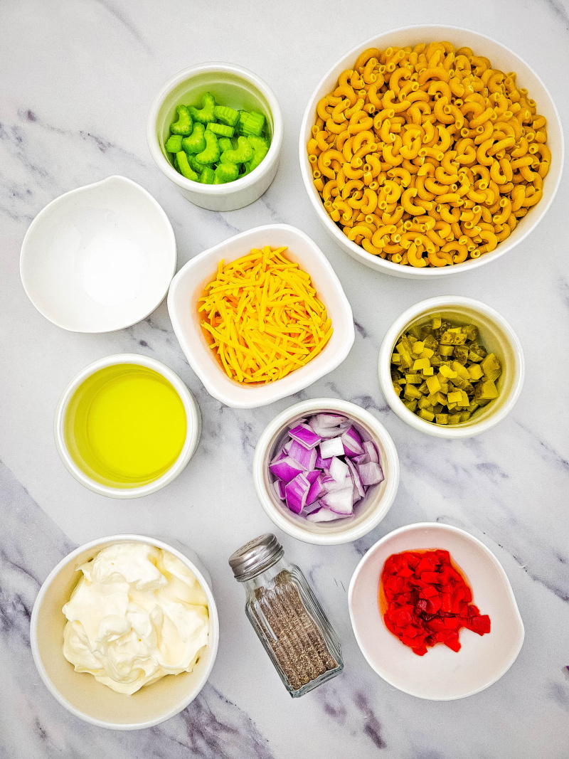Ingredients for gluten free macaroni salad