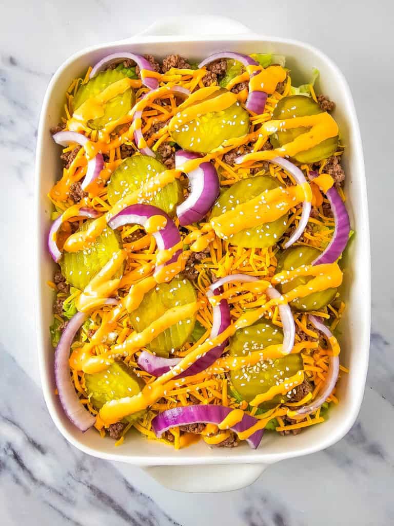 Big Mac Salad in 9x13 casserole dish