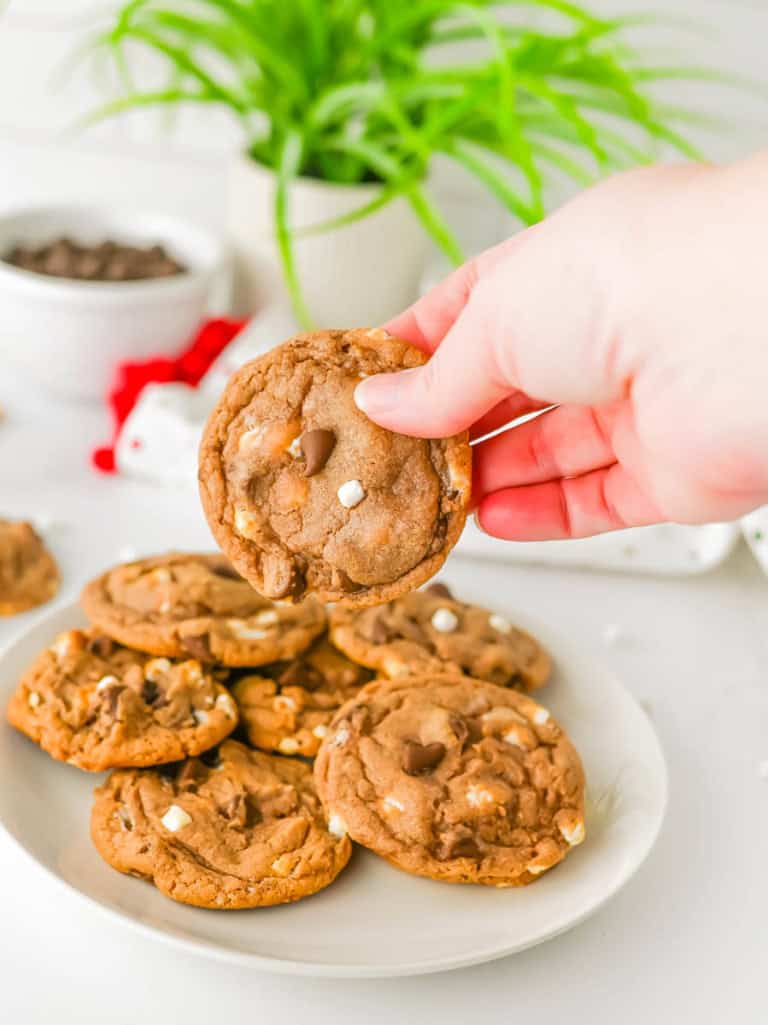 A hand grabbing a hot cocoa cookie off the stack of cookies that are on a white plate.