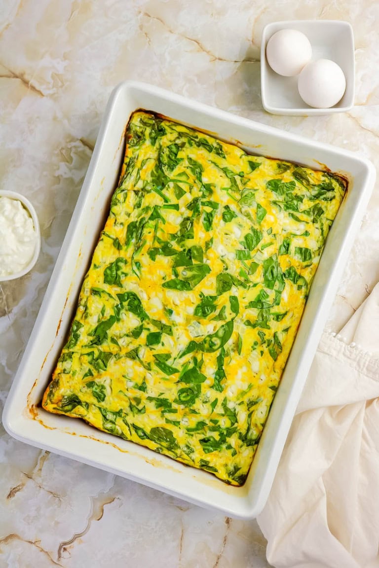 Egg and cottage cheese bake in white baking dish