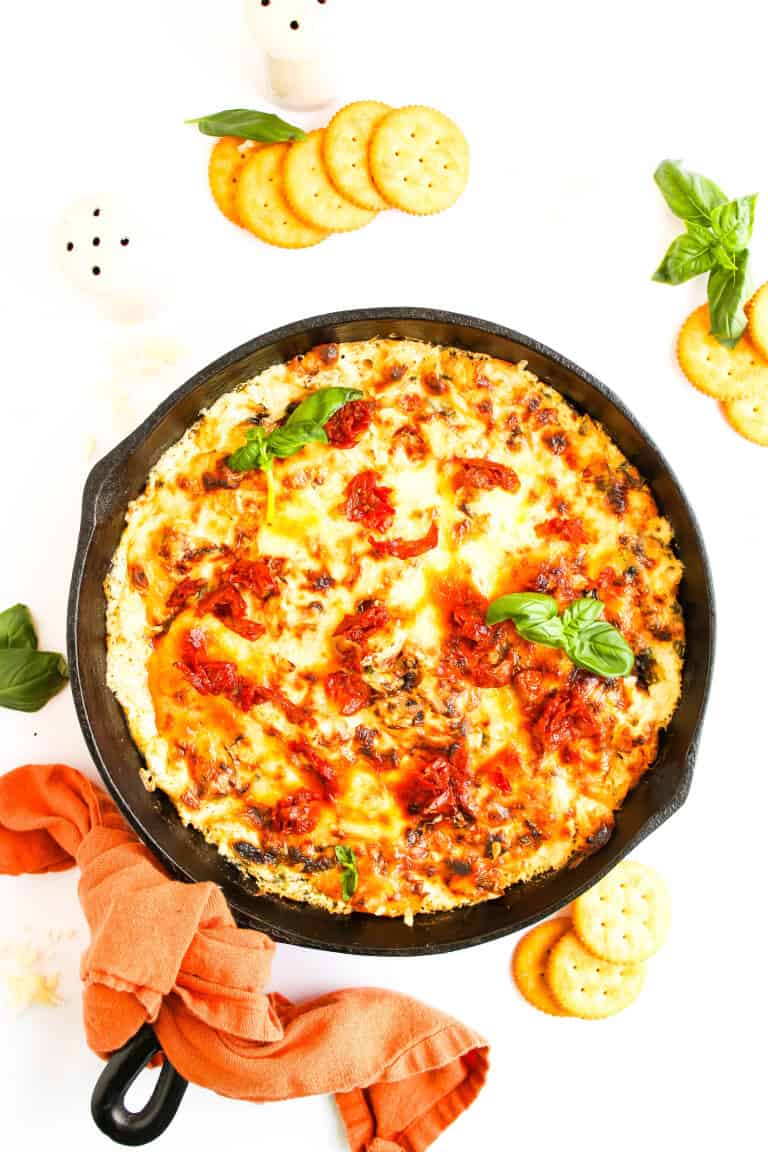 Marry Me Chicken dip in a cast iron skillet.
