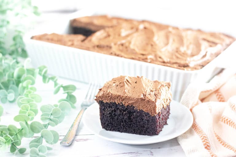 A piece of gluten free chocolate cake on white plate in front of baking pan with chocolate cake.