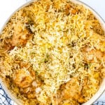 A big skillet of chicken and rice