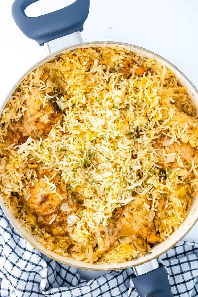 A big skillet of chicken and rice