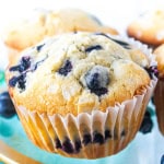 A close up shot of a gluten free blueberry muffin